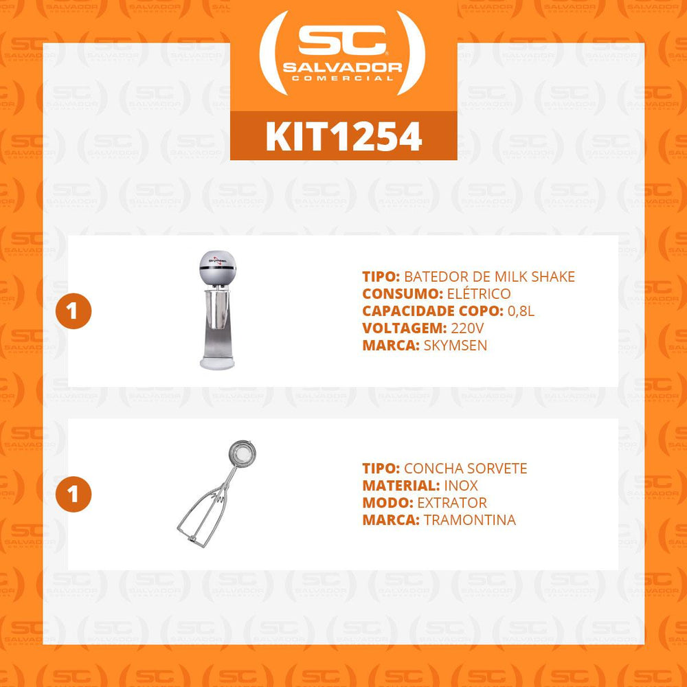 Batedor de Milk Shake Profissional Inox 1 Copo 0,8L BMS-N 220V Skymsen + Concha de Sorvete Extrator
