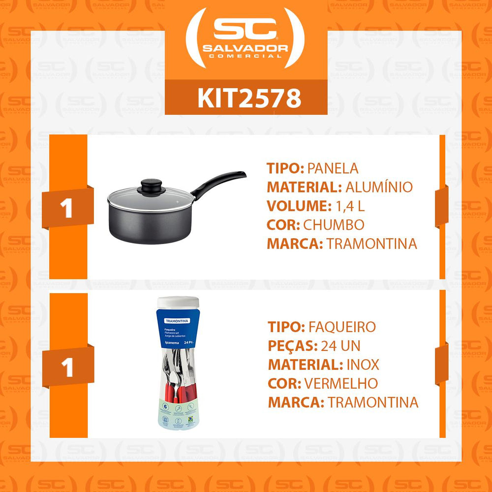 Panela Turim Alumínio Chumbo Antiaderente 1,4L PTC + Faqueiro Ipanema Vermelho 24pc - Tramontina