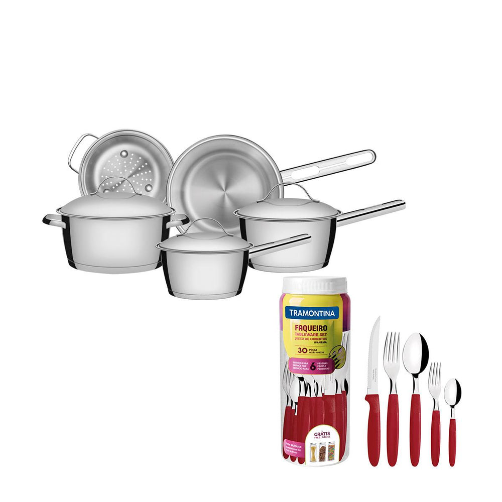 Kit Jogo de Panelas Allegra 5 Pçs Inox + Faqueiro 30pçs Vermelho - Tramontina