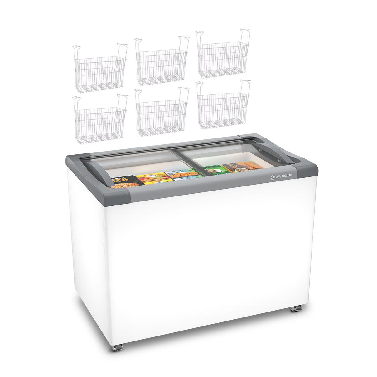 Kit - Freezer Horizontal Tampa de Vidro 231/292 Litros Nf30 - Metalfrio 220v + 6 Cestos Nextgen Branco