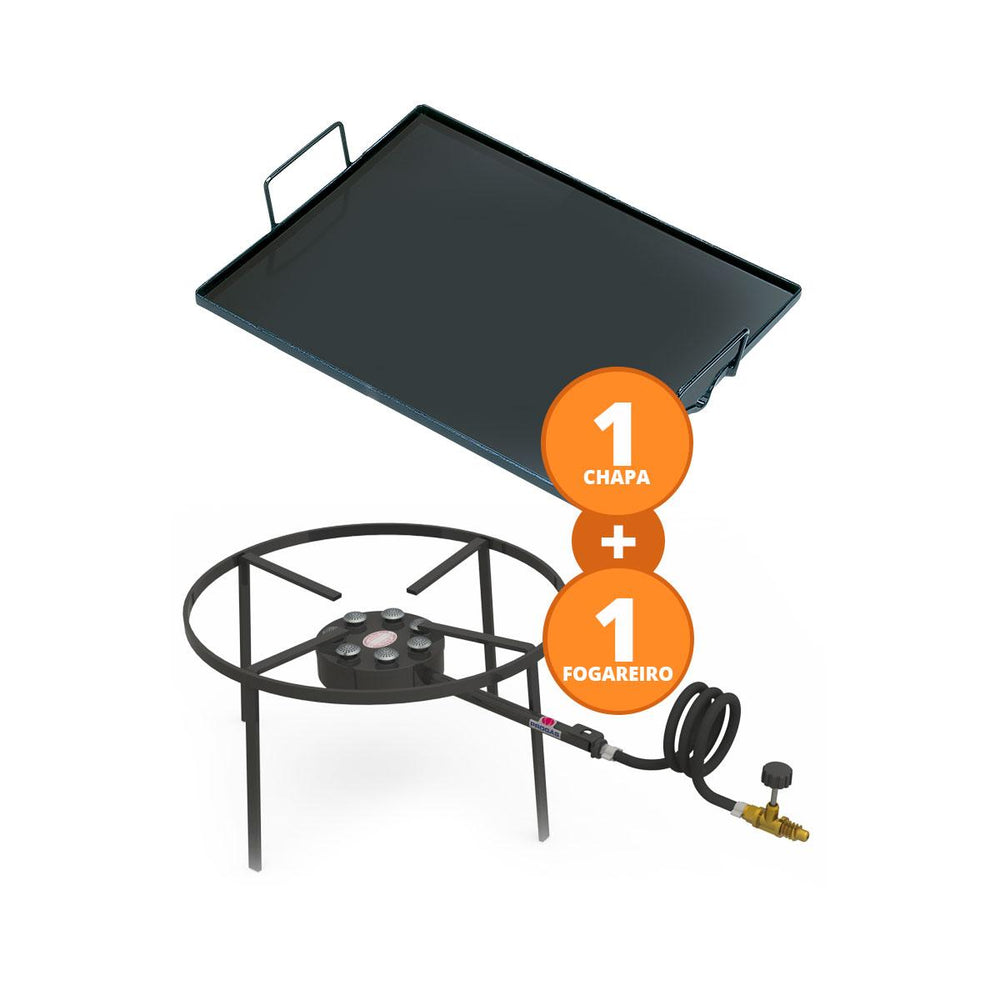 Kit Camping Fogareiro Fogão F1B7 Redondo 40cm Simples + Chapa Bifeteira 50cm - Progás