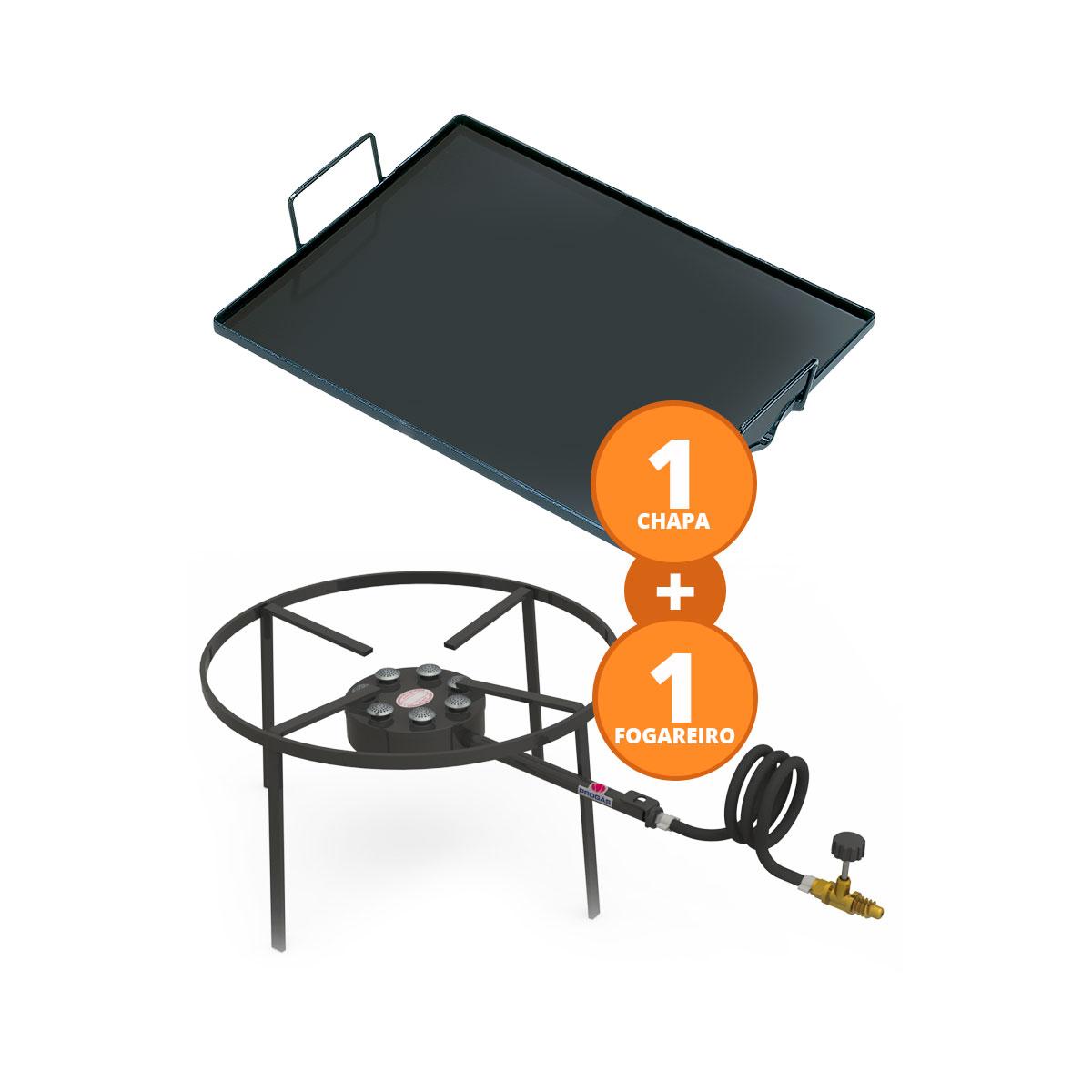 Kit Camping 4 - Fogareiro Fogão F1B7 Redondo 40cm Simples + Chapa Bifeteira 50cm - Progás