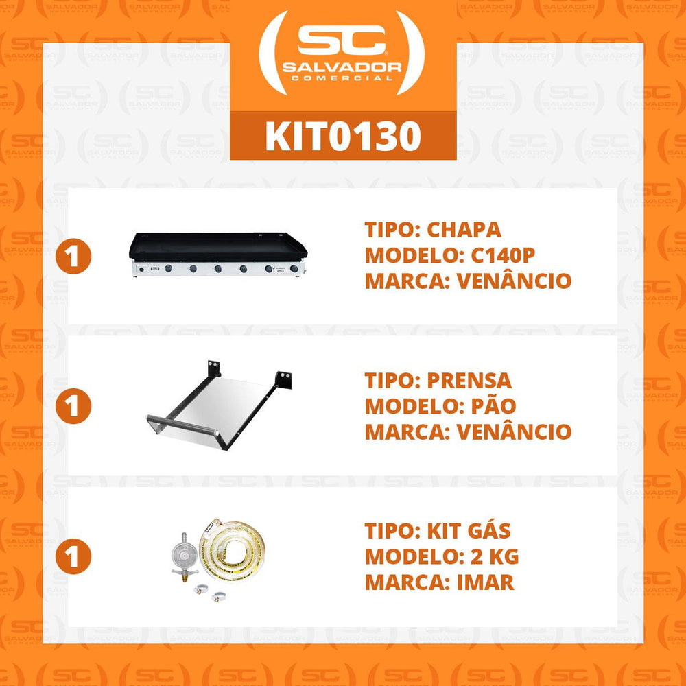 Kit - Chapa Bifeteira A Gás Lisa 140cm Comercial Aço Carbono C140P 6,35mm C/Prensa + Kit Gás 2kg - Venâncio