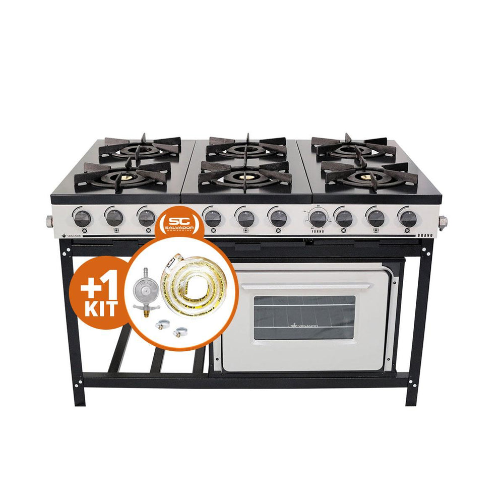 Kit Fogão Industrial 6 Bocas Gás Bravo BR6BF Com Forno + Kit Gás 2kg - Venâncio