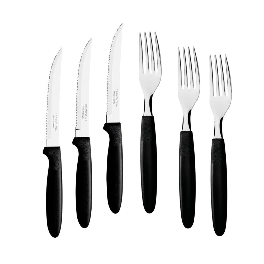 Kit Jogo de Faca e Garfo Ipanema 12 Peças em Aço Inox Cabo Preto PTOP - Tramontina