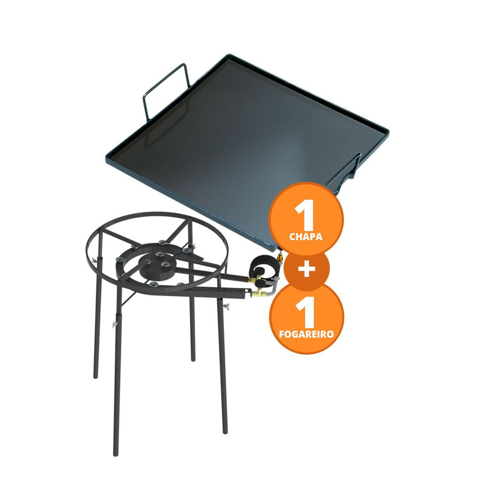 KIT Camping 9 - Fogareiro Fogão F2B10P Redondo 40cm Duplo de Pé + Chapa Bifeteira 32cm – Progás