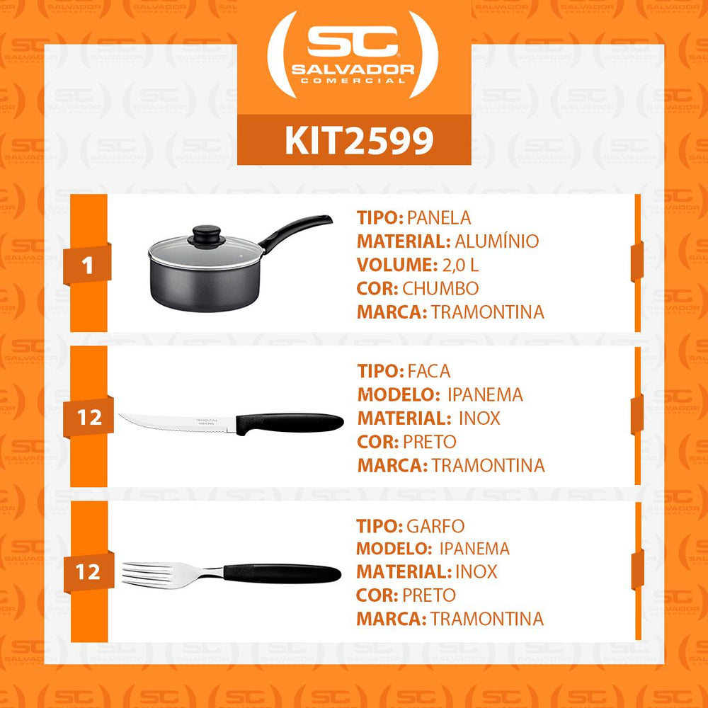 Panela Turim Alumínio Chumbo Antiaderente 1,4l + Cojunto de Garfo e Faca Ipanema 24pc - Tramontina
