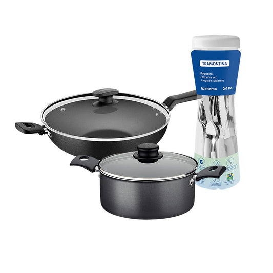 Caçarola Turim Alumínio Chumbo Antiaderente 2,8l + Faqueiro Ipanema Branco 24pc + Wok Loreto 3,3l