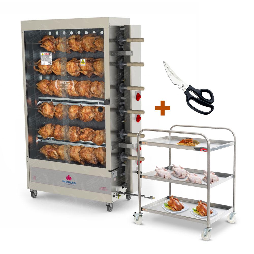 Assador de Frango Rotativo Profissional a Gás 6 Espetos Tubular PR-634 220V Progás + Tesoura Tramontina + Carrinho Inox Imeca