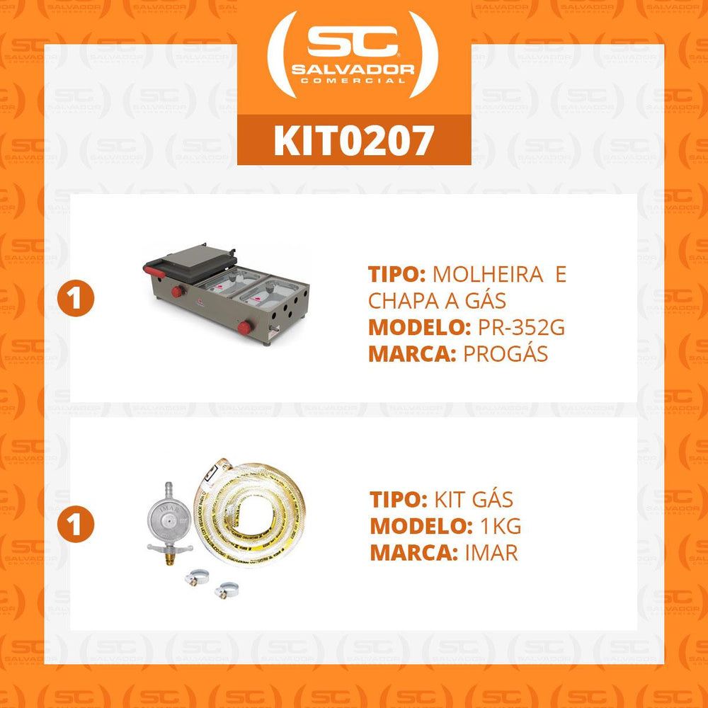 Kit Molheira Salsicheira a Gás Profissional Conjugada Prensa Chapa PR-352G + 1 Kit Gás 1kg - Progás
