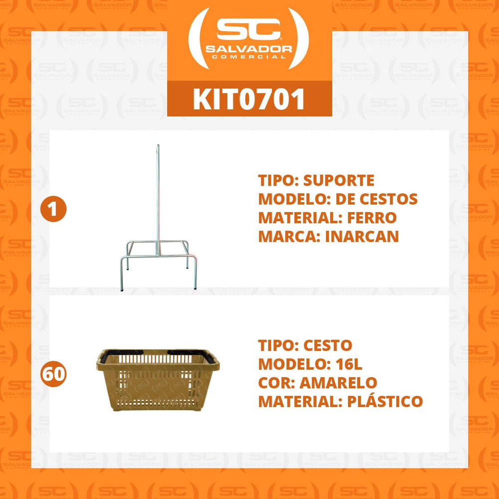 Kit - Suporte Para Cestos de Compras Duplo + 60 Cestos D100 Amarelo