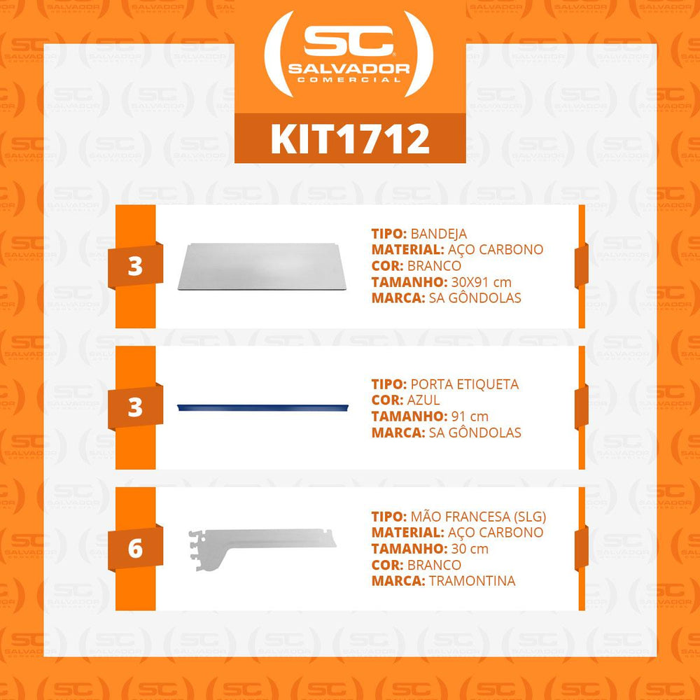Kit 3 Bandejas Prateleiras 30x91 para Gôndolas New Plus Com Porta Etiqueta Azul - SA Gôndolas