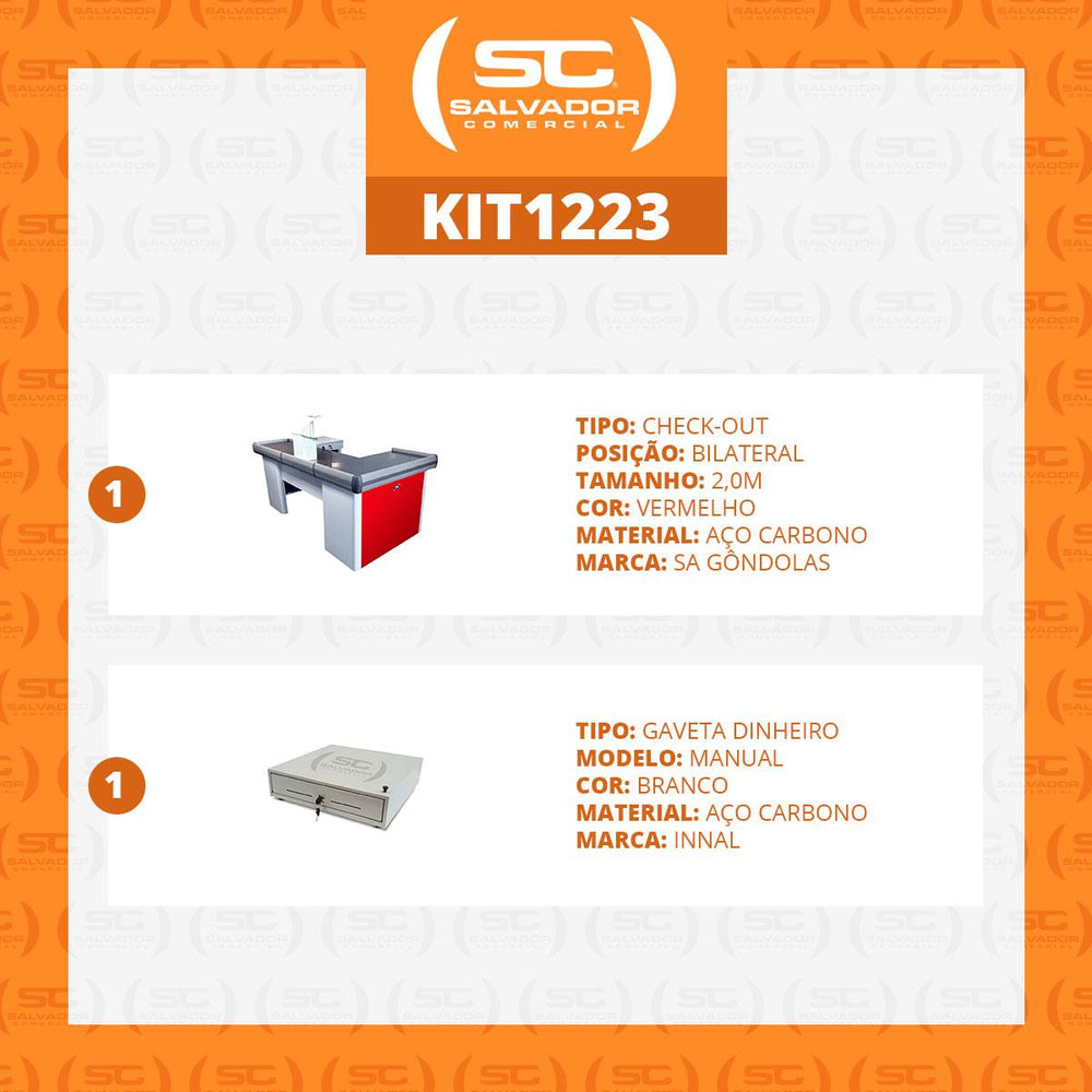 Kit - Caixa Supermercado Empacotador Check-out 2m Recorte + Caixa Dinheiro Manual Vermelho