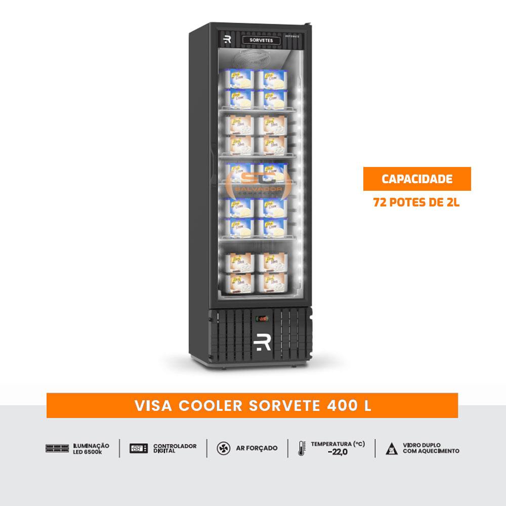 Visa Cooler Sorvete Porta Vidro Aquecido Ar Forçado -22ºC 400L VCS400PVPP Preto Externo e Interno 220V - Refrimate