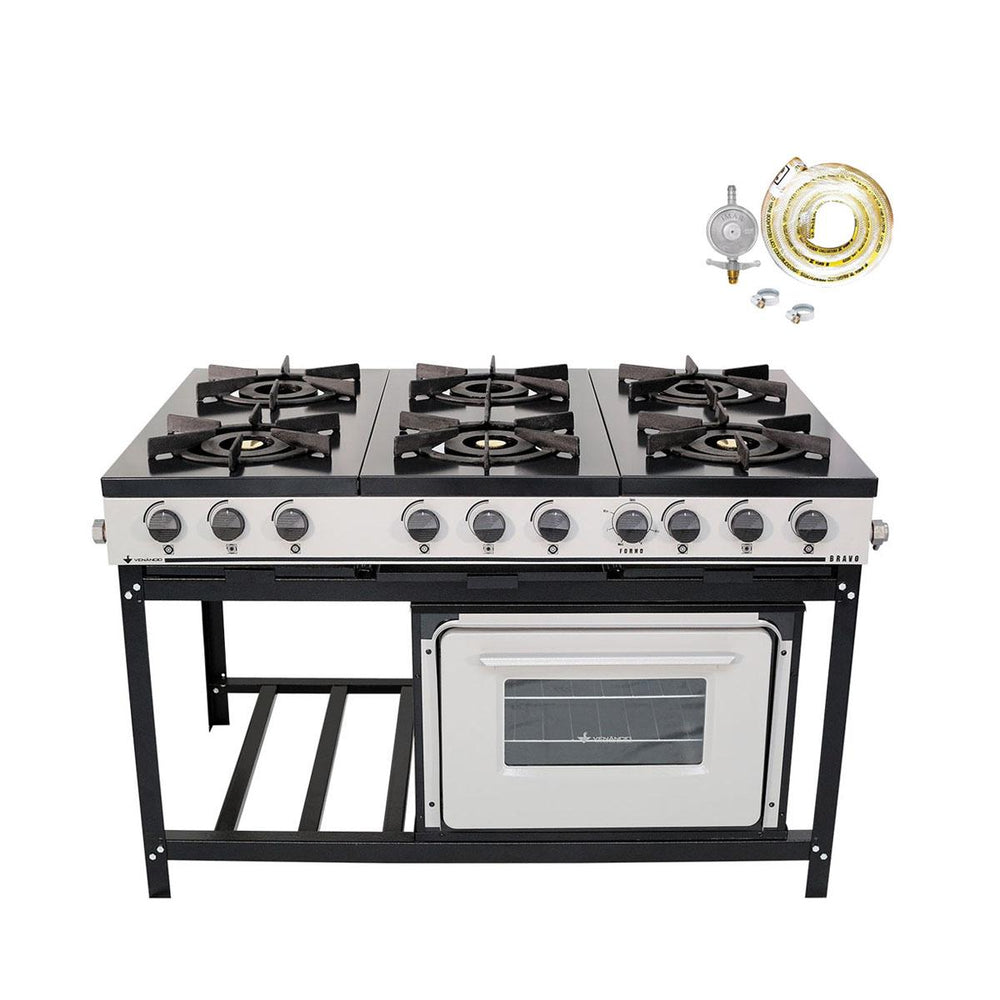 Kit Fogão Industrial 6 Bocas Gás Bravo BR6BF Com Forno + Kit Gás 2kg - Venâncio