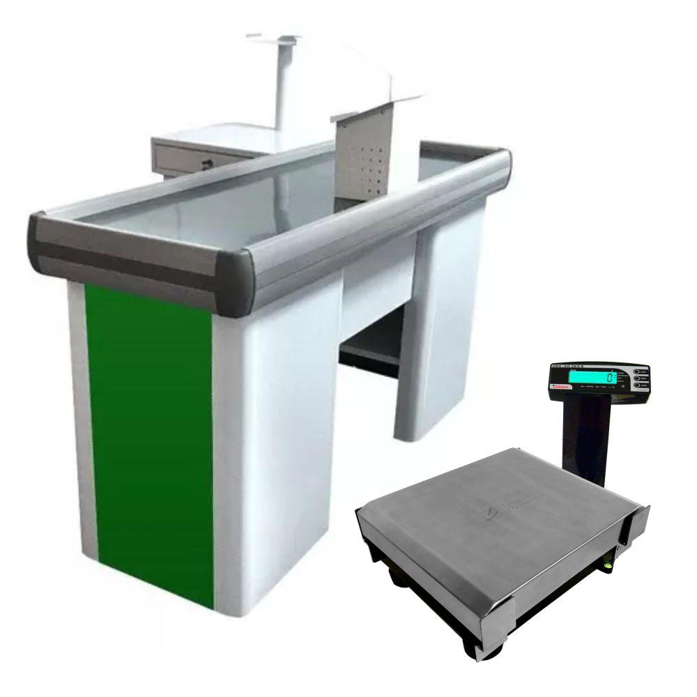 Kit Caixa Supermercado Empacotador Verde 1,50m Check-Out + Balança Bivolt 30kg Urano