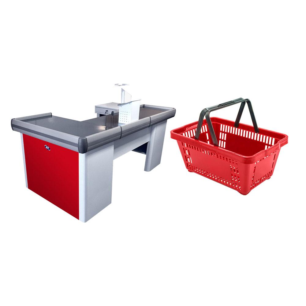 Kit Caixa De Supermercado Empacotador Check-Out 2,00m Recorte + 10 Cestos De Compras Vermelho