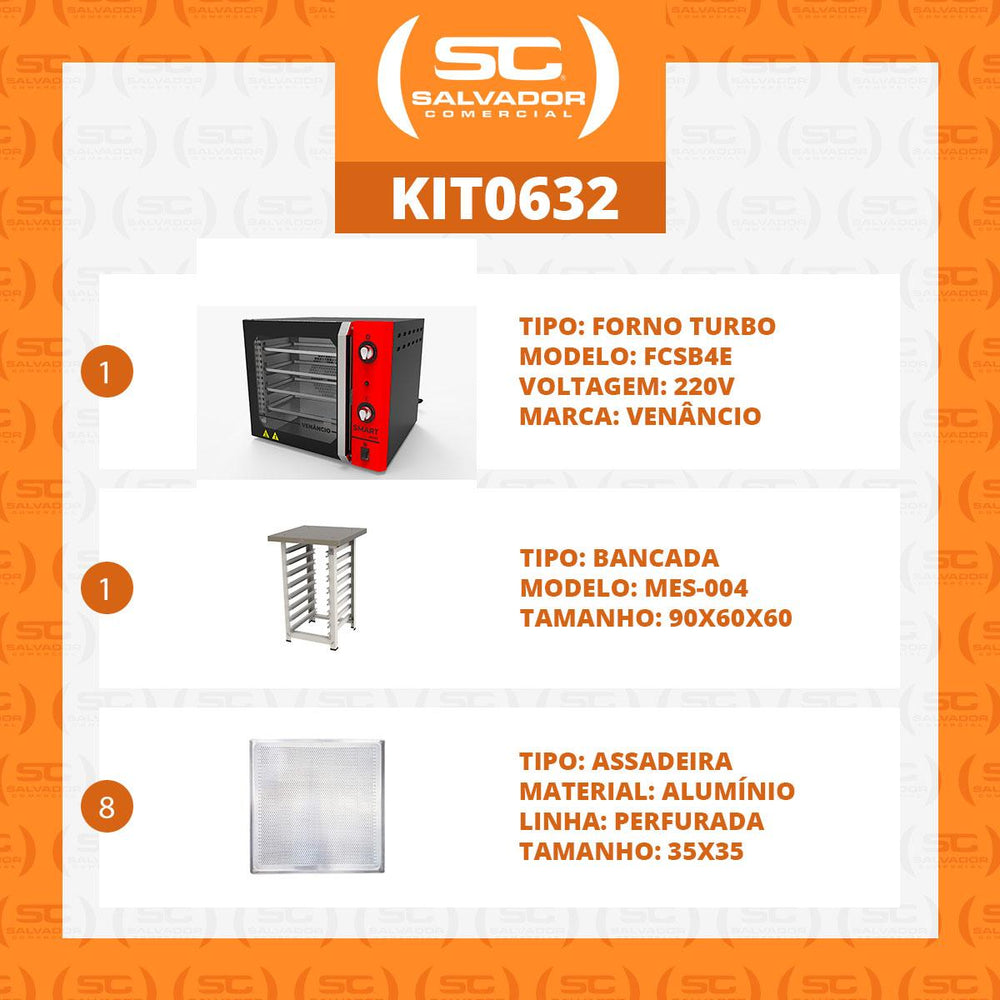Kit Forno Turbo Convector Smart Basic. Preto e Vermelho FCSB4E 220V + Bancada MES-004 + 8 Assadeiras - Venâncio
