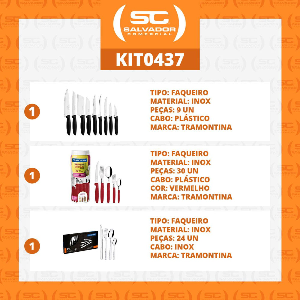 Kit 1 Faqueiro Vermelho 30 Peças + 1 Conjunto Facas 9pç + 1 Faqueiro Inox 24pç - Tramontina