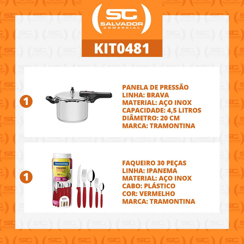 Kit Panela de Pressão Inox 4,5l Brava + Faqueiro 30pçs Vermelho - Tramontina