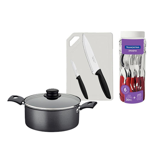 Caçarola Turim Alumínio Chumbo Antiaderente 2,0l + Faqueiro Ipanema 30pc + Tábua e Facas - Tramontina