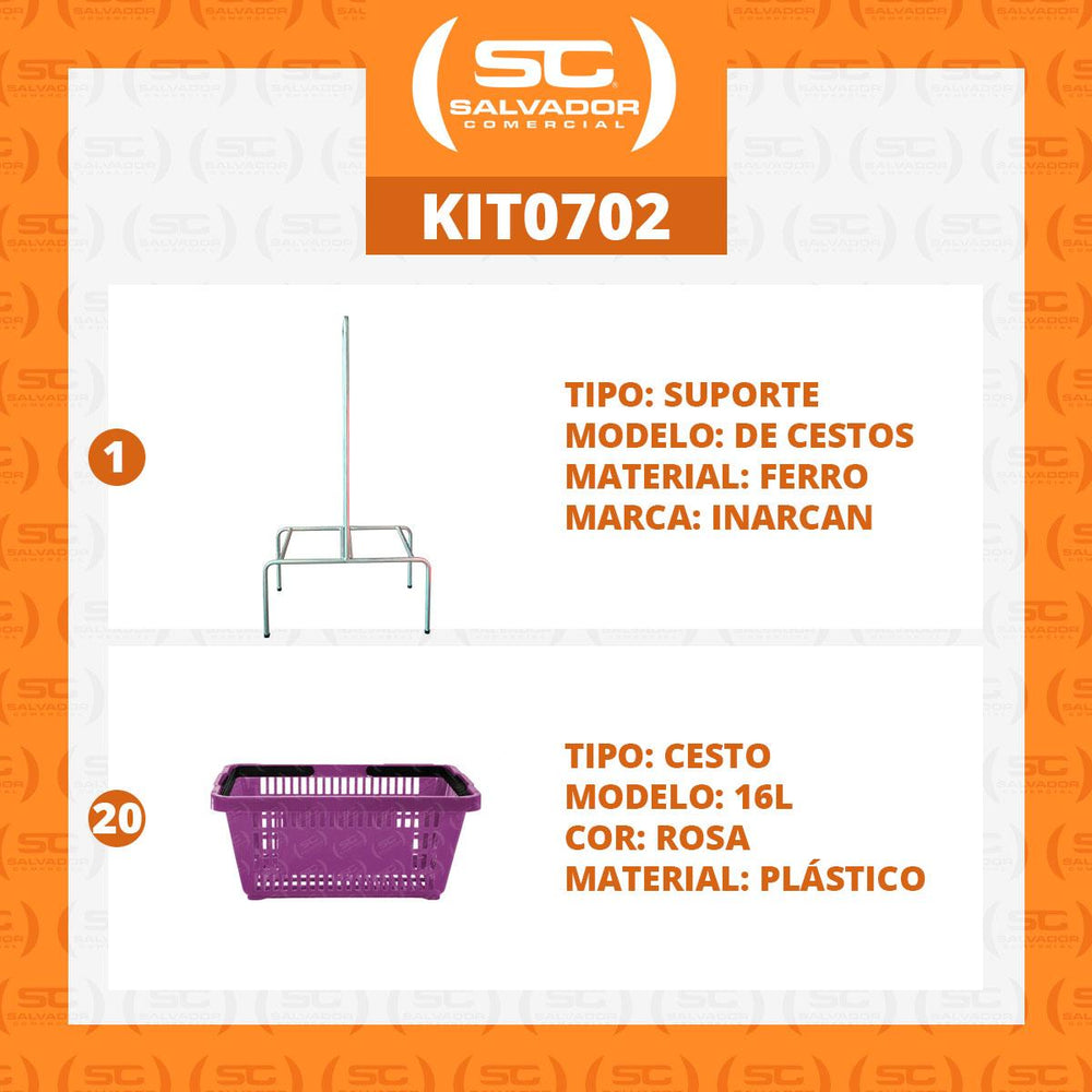 Kit Suporte Para Cestos De Compras Duplo + 20 Cestos D100 Rosa