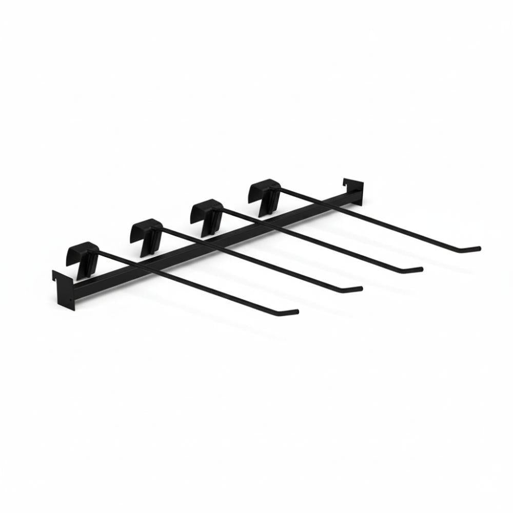Kit Régua Preta 73cm Para Gôndola + 4 Ganchos 30cm Pretos New Plus – Sa Gôndolas