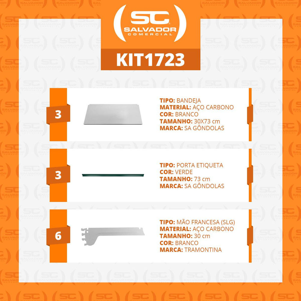 Kit 3 Bandejas Prateleiras Ponta 30x73 para Gôndolas New Plus com Porta Etiqueta Verde - SA Gôndolas