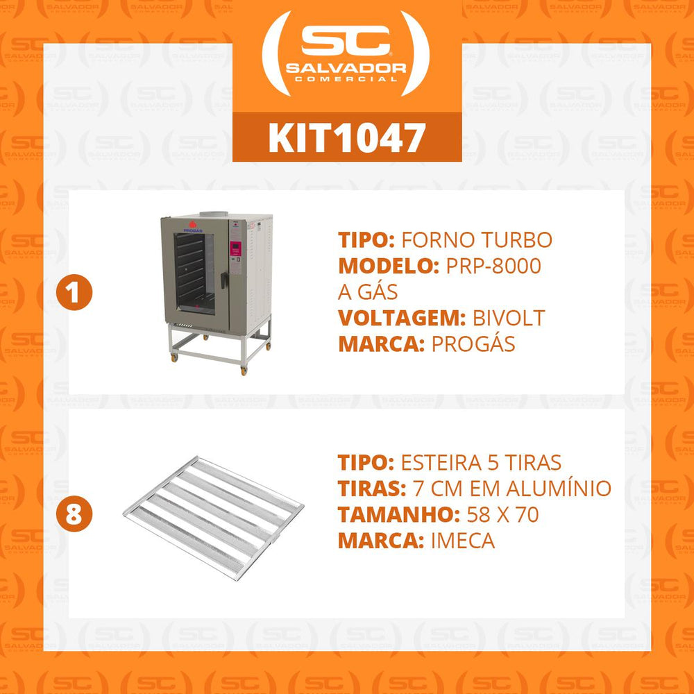Kit Forno Turbo a Gás 8 Níveis PRP-8000 Bivolt + 8 Esteiras Alumínio 50g 58x70 - Progás