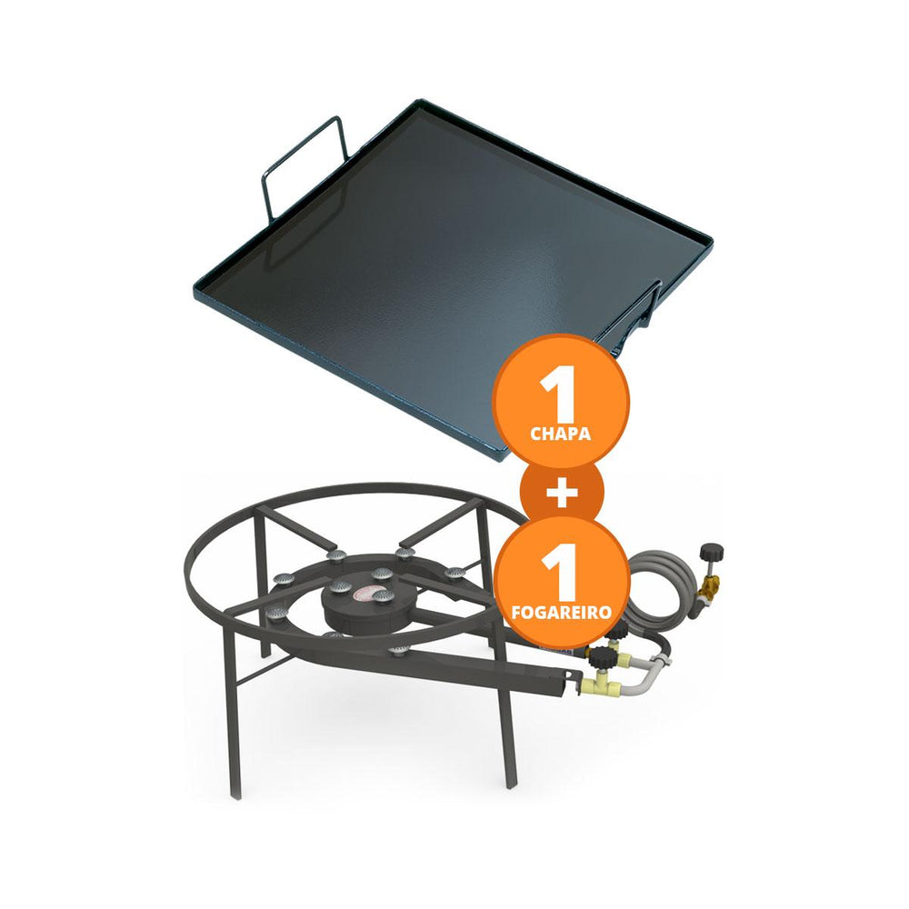 Kit Camping 6 - Fogareiro Fogão F2B10 Redondo 40cm Duplo de Mesa + Chapa Bifeteira 32cm – Progás