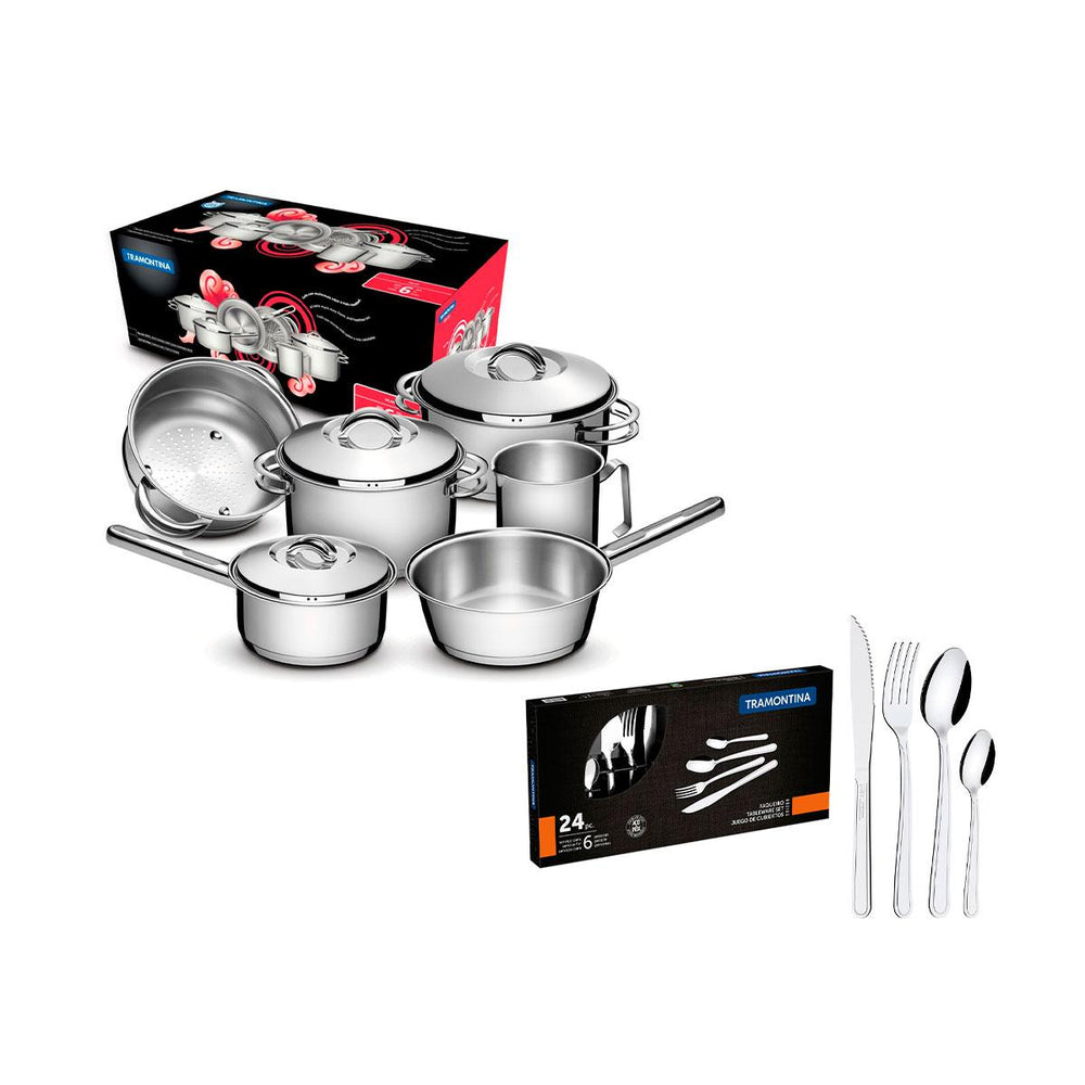 Kit Jogo de Panelas Solar 6pçs Inox + Faqueiro Inox Buzios 24pçs - Tramontina