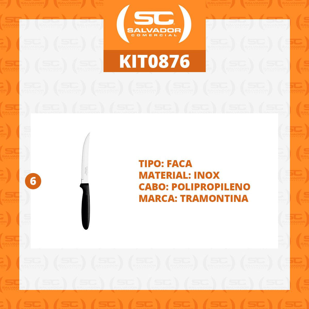 Kit 6 Facas para Churrasco Ipanema Com Lâmina em Aço Inox Cabo Preto FPTOP - Tramontina