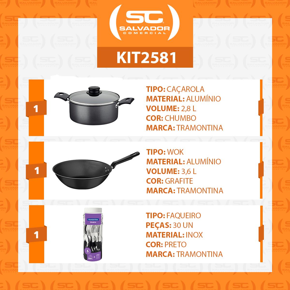 Caçarola Turim Alumínio Antiaderente 2,8L + Faqueiro Ipanema 30pc + Wok Loreto 3,6L - Tramontina
