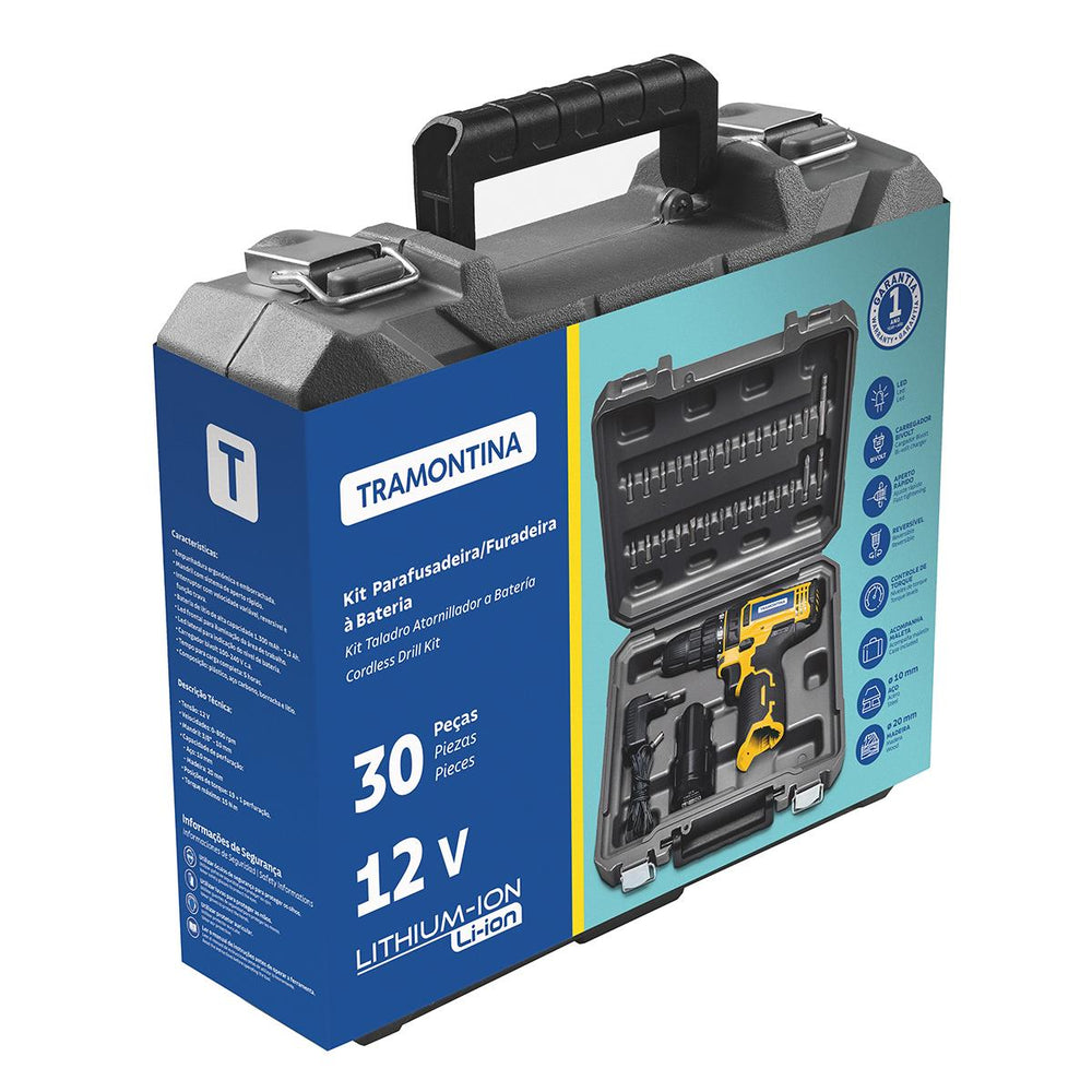 Parafusadeira Furadeira 12V à Bateria Com 30 Peças - Tramontina 42382230