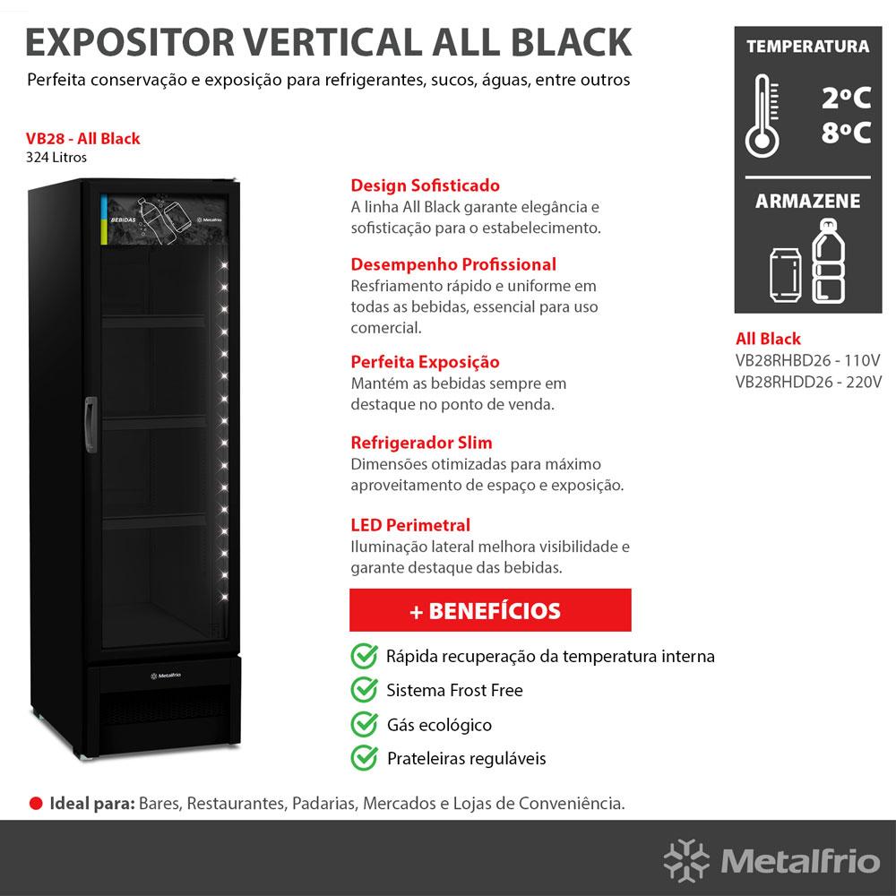 Refrigerador Visa Expositor Multiuso Preto 313/343L Porta De Vidro 2°C a 8°C VB28RH 220V - Metalfrio