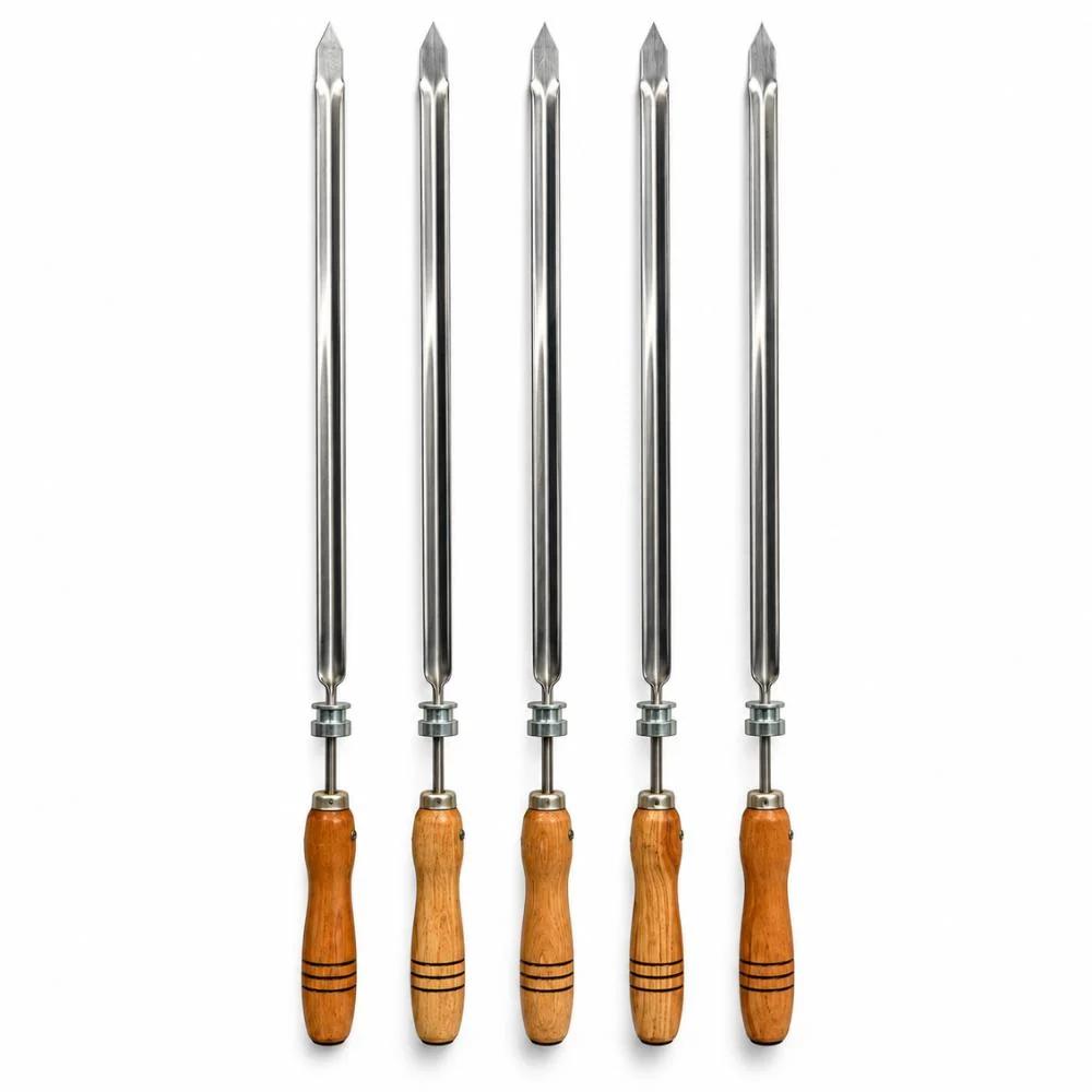Conjunto de 10 Espetos Giratorios Simples Com Cabo de Madeira