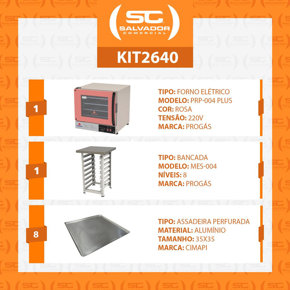 Kit Forno Turbo Elétrico PRP-004 Plus 220V Rosa + Bancada MES-004 Progás + 8 Assadeiras Cimapi