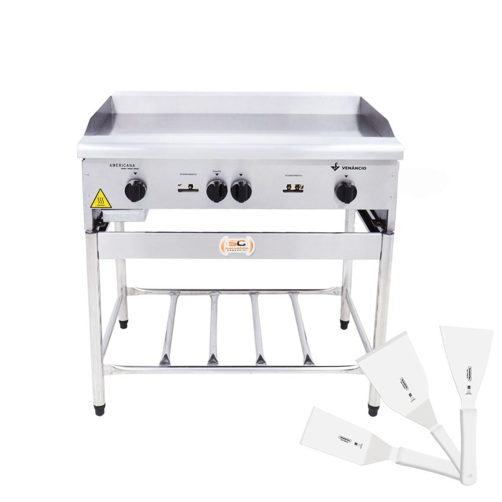 Chapa Americana Profissional 90cm a Gás 8mm Lisa Inox Com Pé Cgp90 e Espátulas - Venâncio