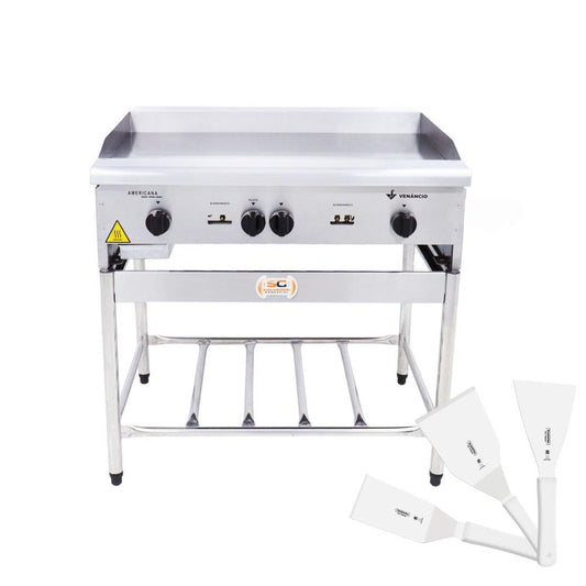 Chapa Americana Profissional 90cm a Gás 8mm Lisa Inox Com Pé Cgp90 e Espátulas - Venâncio