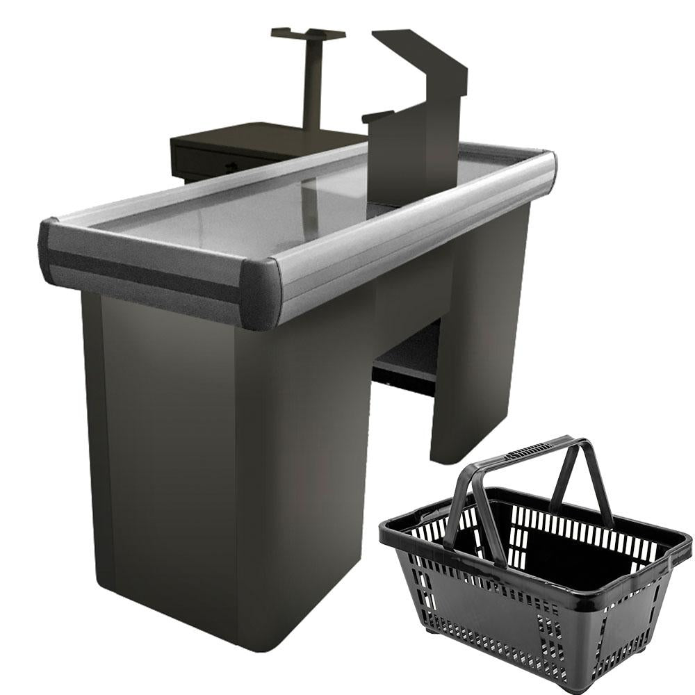 Kit - Caixa Supermercado Empacotador Check-out 1,5m Recorte + 10 Cestos de Compras Preto