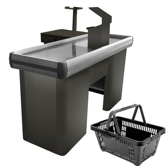 Kit - Caixa Supermercado Empacotador Check-out 1,5m Recorte + 10 Cestos de Compras Preto