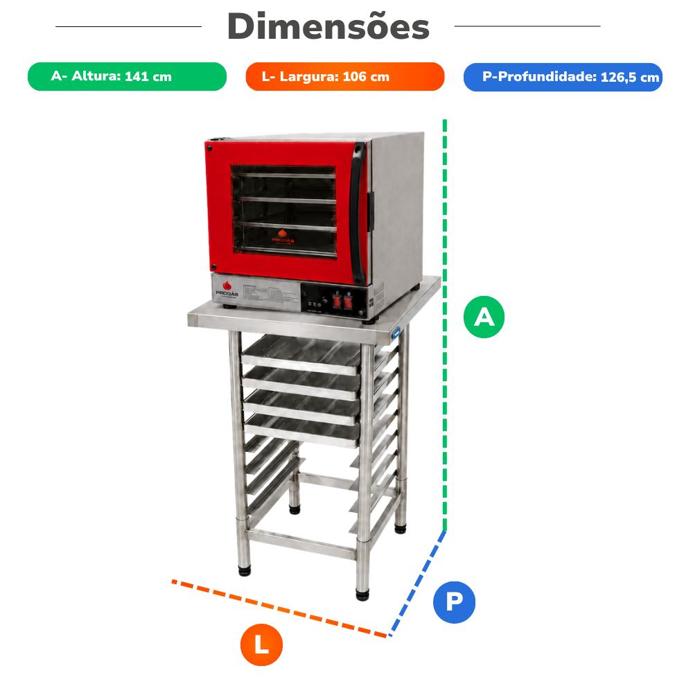 Forno Turbo Elétrico Prp-004 Digital Vermelho 220v Progás + Mesa Inox Imeca + 4 Assadeiras Onduladas