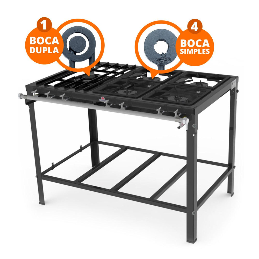 Fogão Industrial 5 Bocas 4 Simples 1 Dupla a Gás Baixa Pressão PMS-510F - Progás