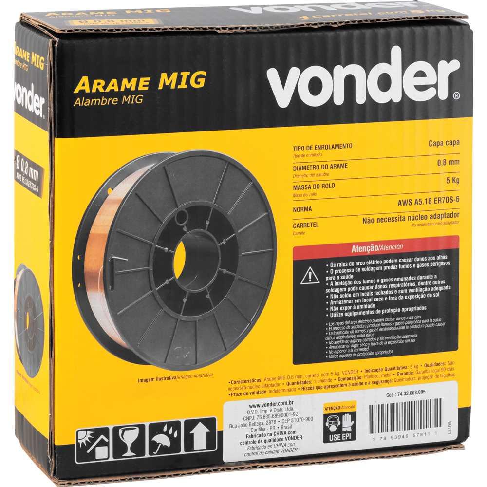 Arame para Solda Mig/mag 0,8mm Com 5kg Com Carretel Plástico - Vonder 7432008005
