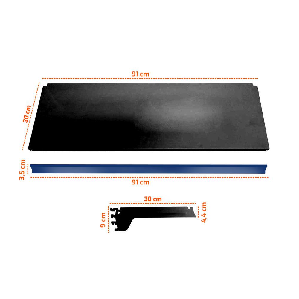 Kit 3 Bandejas Prateleiras 30x91 Gôndolas New Plus Preto Porta Etiqueta Azul sa Gôndolas