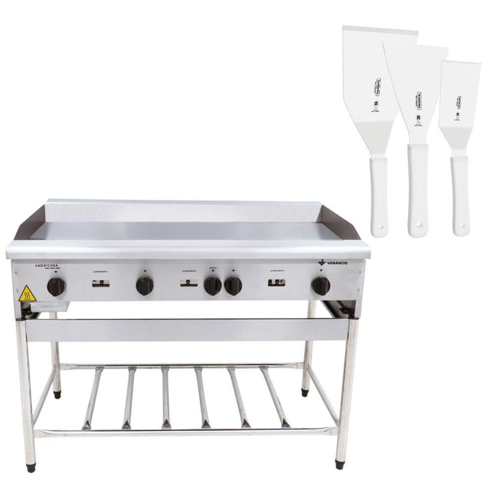 Chapa Americana Profissional 120cm a Gás 8mm Lisa Inox Com Pé CGP120 e Espátulas - Venâncio