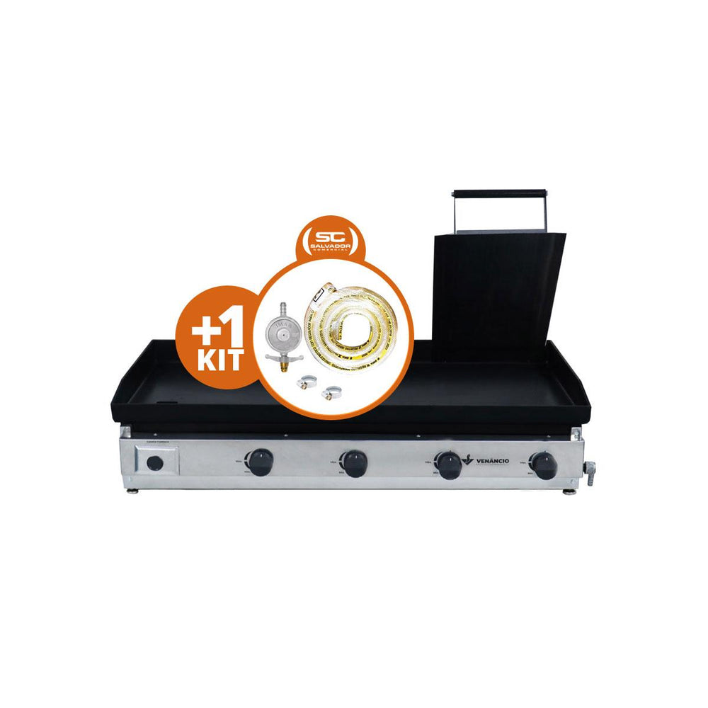 Kit - Chapa Bifeteira A Gás Lisa 100cm Comercial Aço Carbono C100P 6,35mm C/Prensa + Kit Gás - Venâncio