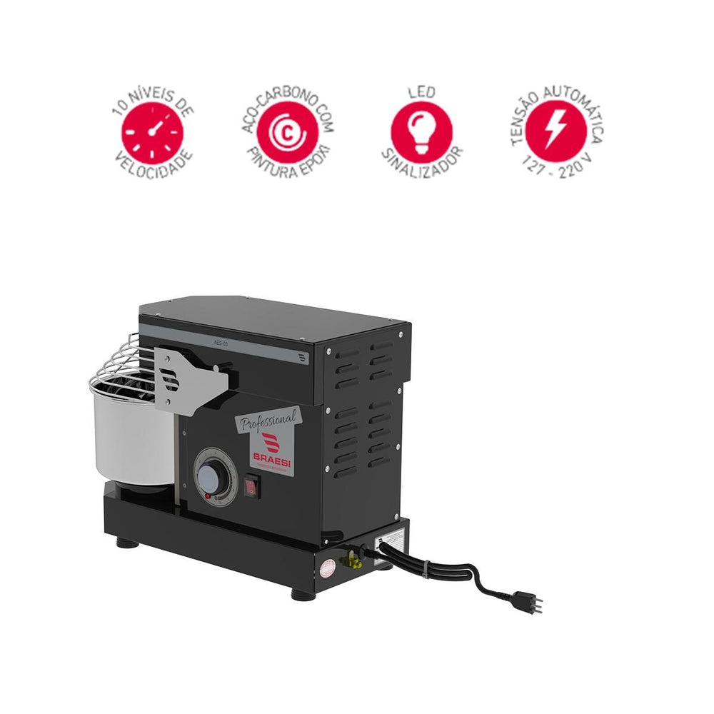 Amassadeira Espiral 3 Kg Masseira Industrial Preta Epóxi 10 Velocidades AES-03 Bivolt - Braesi B18881