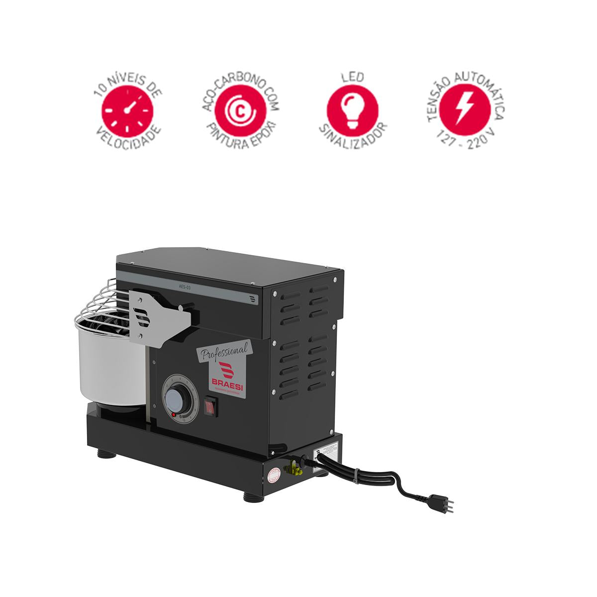 Amassadeira Espiral 3 kg 10 Velocidades Aes-03 Preta Bivolt - Braesi B18881