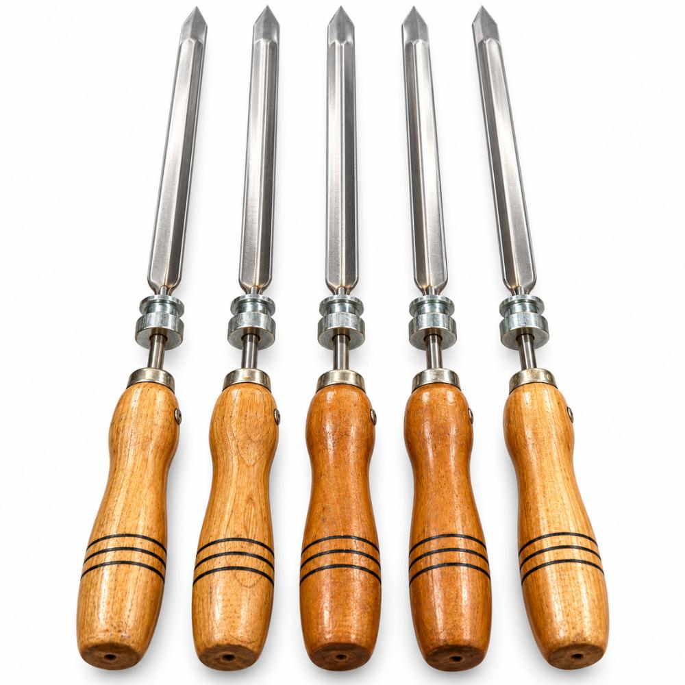 Conjunto de 5 Espetos Giratorios Simples Com Cabo de Madeira